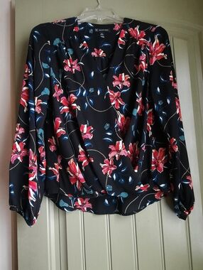 Black Floral Wrap-Front Blouse with Red, Pink & Blue Accents